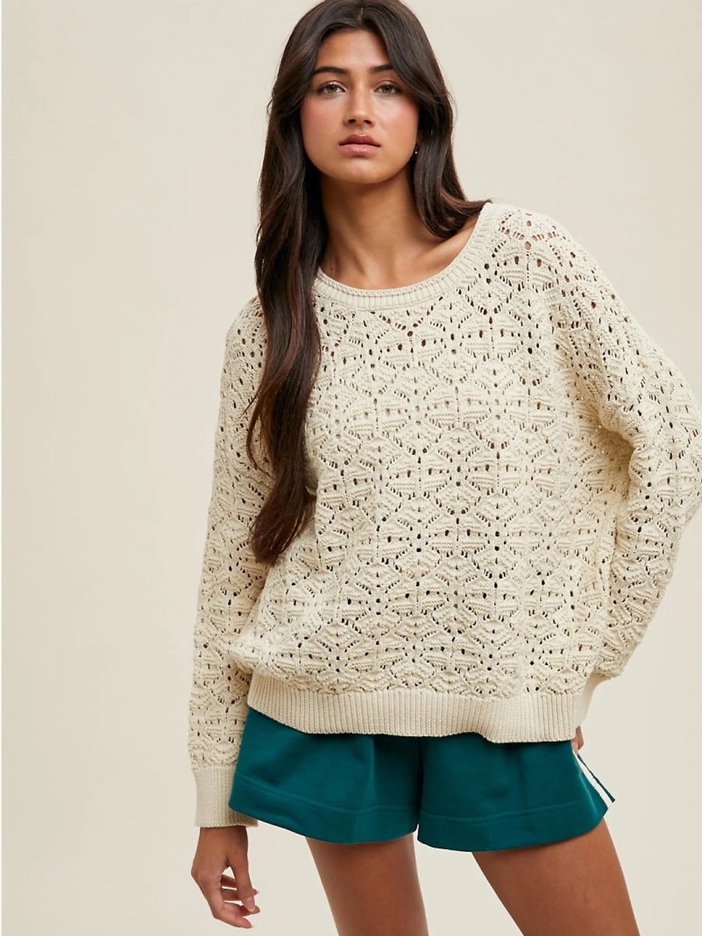 Open-Knit Cream Crew Sweater